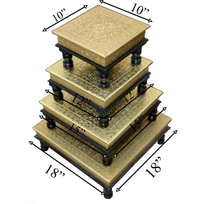 Wooden Chowki, (NAVIKA PRODUCTION) Wood With Brass Fitting Bajot Set Of 4, Room Accessory - VT2279