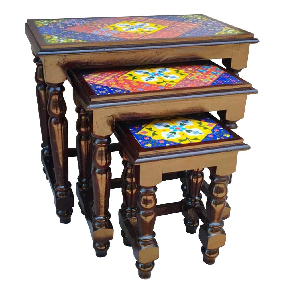 Stool, (NAVIKA PRODUCTION) Wood Polish With Marble Tiles Stool Set Of 3, Room Accessory - VT2280