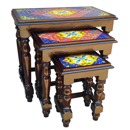 Stool, (NAVIKA PRODUCTION) Wood Polish With Marble Tiles Stool Set Of 3, Room Accessory - VT2280