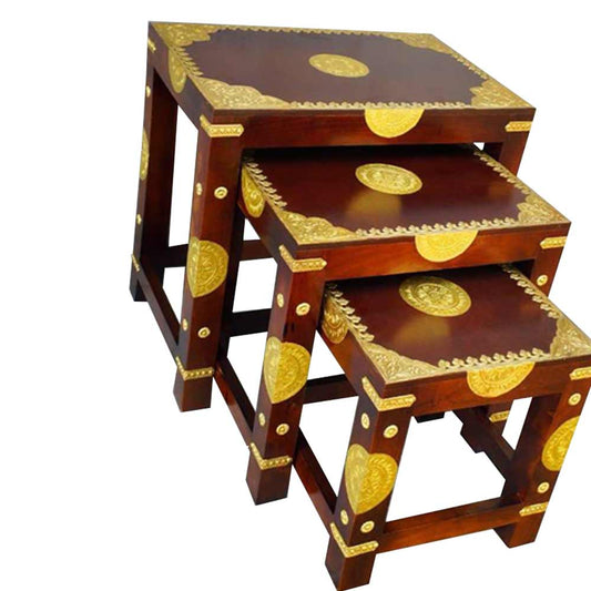 Stool, (NAVIKA PRODUCTION) Wood Polish Brass Fitting Stool Set Of 3, Room Accessory - VT2281