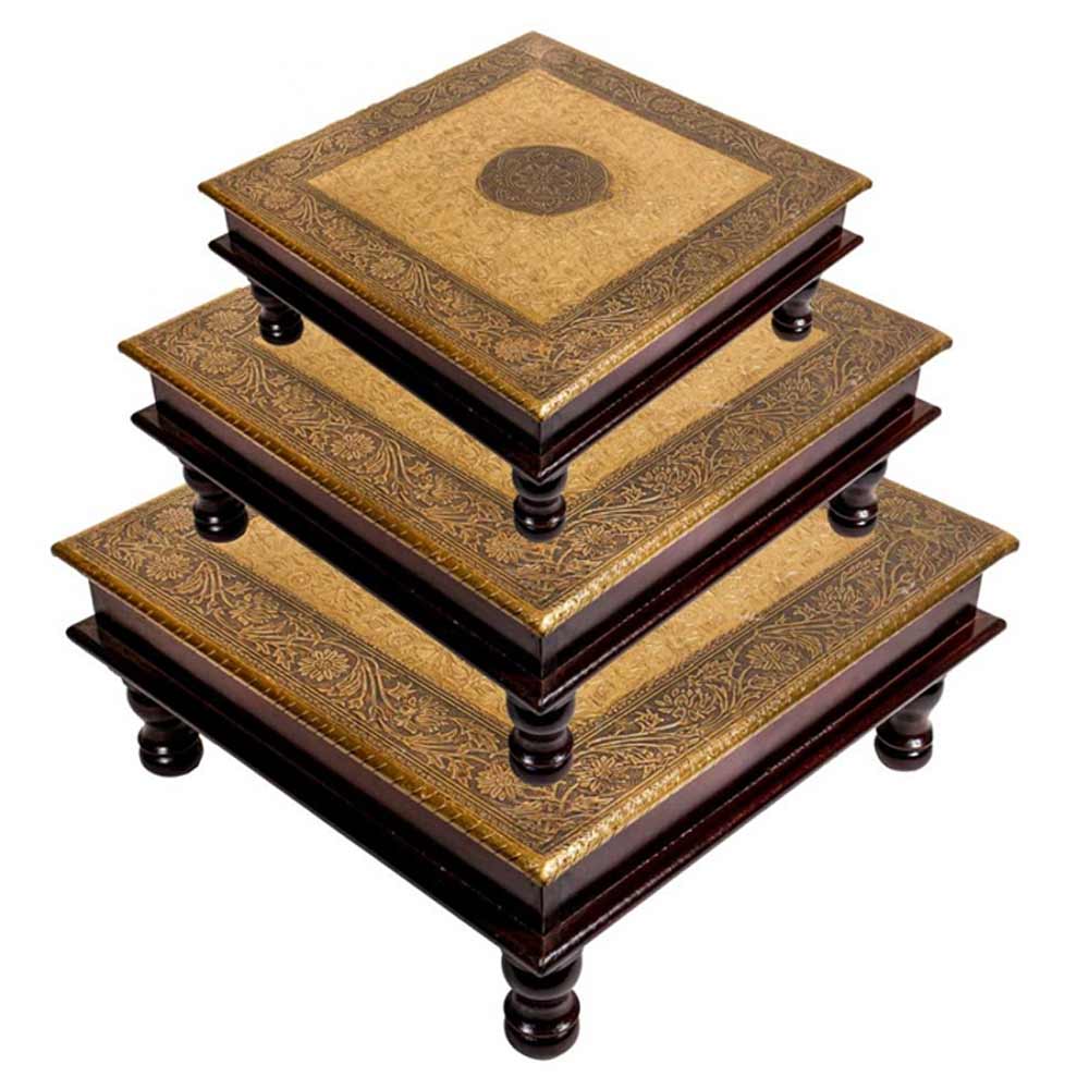 Wooden Chowki, (NAVIKA PRODUCTION) Wooden With Brass Fitting Bajot Set Of 3, Room Accessory - VT2289