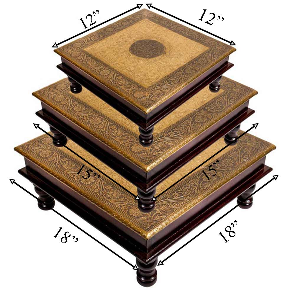 Wooden Chowki, (NAVIKA PRODUCTION) Wooden With Brass Fitting Bajot Set Of 3, Room Accessory - VT2289