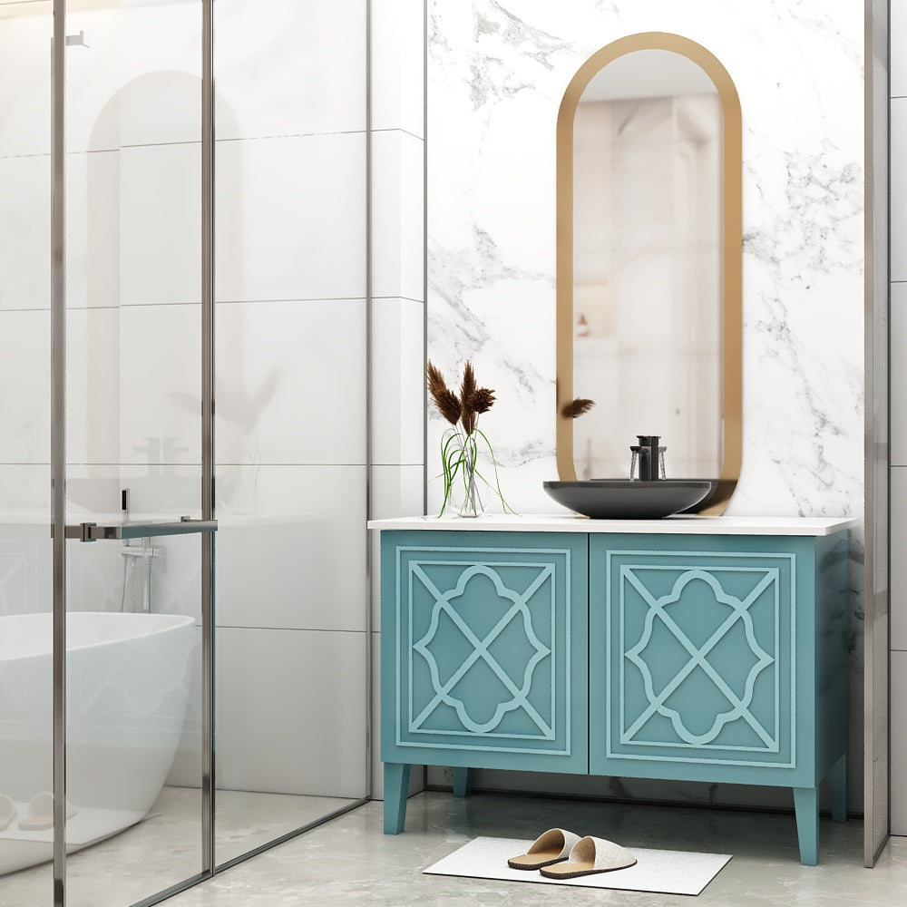 Vanity, Vanity with White Corian Top , Aqua Blue Color Vanity, Vanity with Shutter, Vanity - VT312