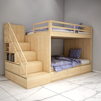 Bunk Bed, Bunk Bed in Yellowish Wood Color, Bunk Bed with Drawer, Bunk Bed with Open Shelf, Bunk Bed - VT5074