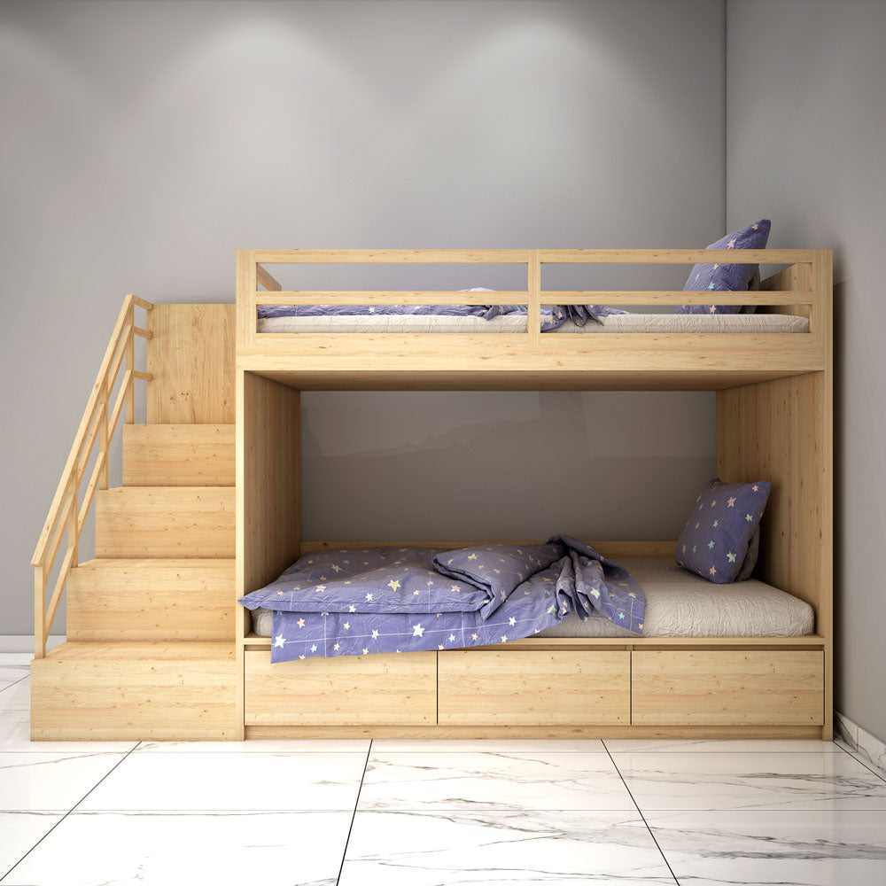 Bunk Bed, Bunk Bed in Yellowish Wood Color, Bunk Bed with Drawer, Bunk Bed with Open Shelf, Bunk Bed - VT5074