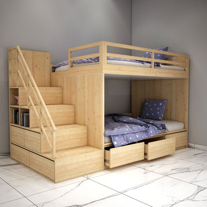 Bunk Bed, Bunk Bed in Yellowish Wood Color, Bunk Bed with Drawer, Bunk Bed with Open Shelf, Bunk Bed - VT5074