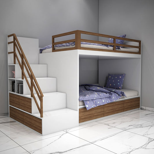 Bunk Bed, Bunk Bed in White & Brown Color, Bunk Bed with Drawer, Bunk Bed with Open Shelf, Bunk Bed - VT5075