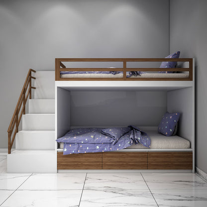 Bunk Bed, Bunk Bed in White & Brown Color, Bunk Bed with Drawer, Bunk Bed with Open Shelf, Bunk Bed - VT5075