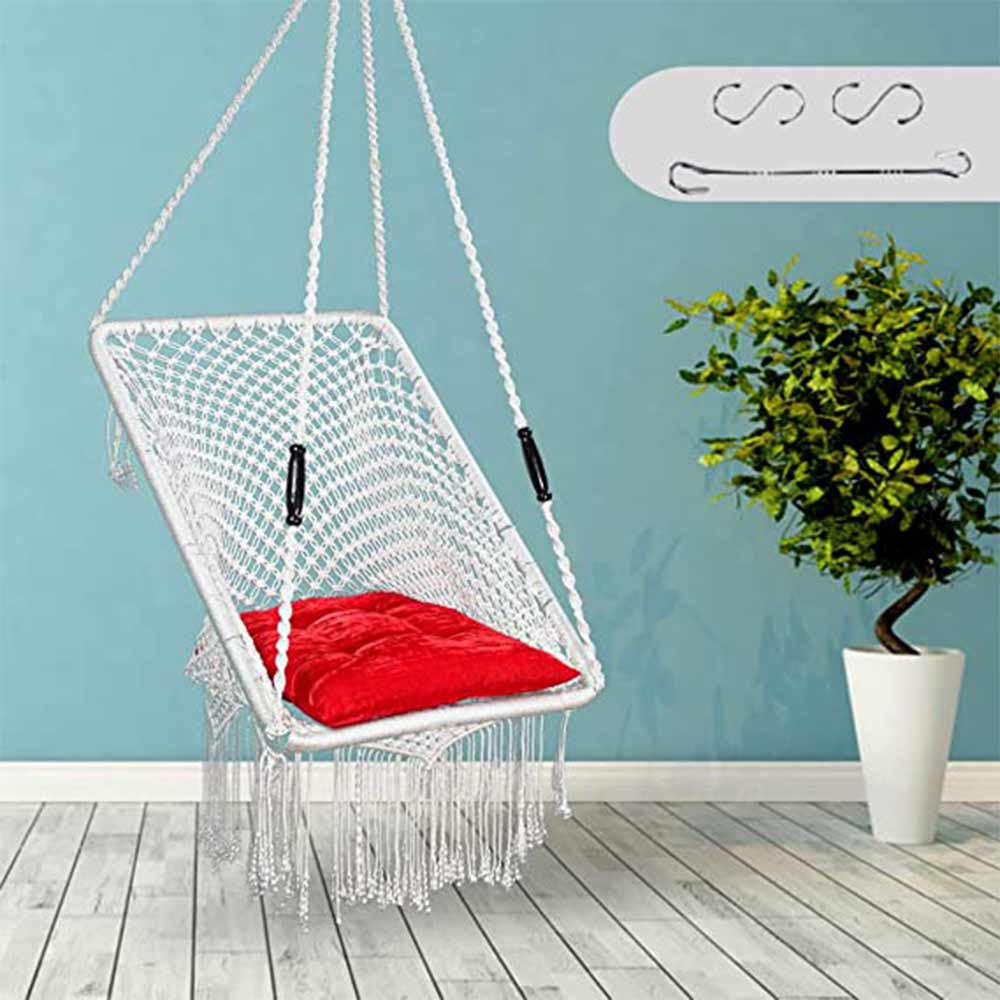 Swing, Swing in Premium Rectangle White with Red Square Cushion, Swing in White Color, Swing with 1 Rod, 2 S Hook & Square Cushion, Swing - VT6098