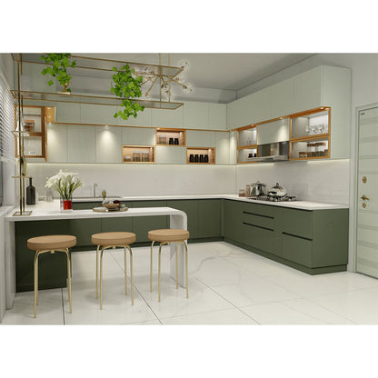 Kitchen, Modular Kitchen, Luxurious Kitchen, U-Shape Kitchen, Hi-Gloss Kitchen, Kitchen in Green & White Color, Kitchen - VT8000