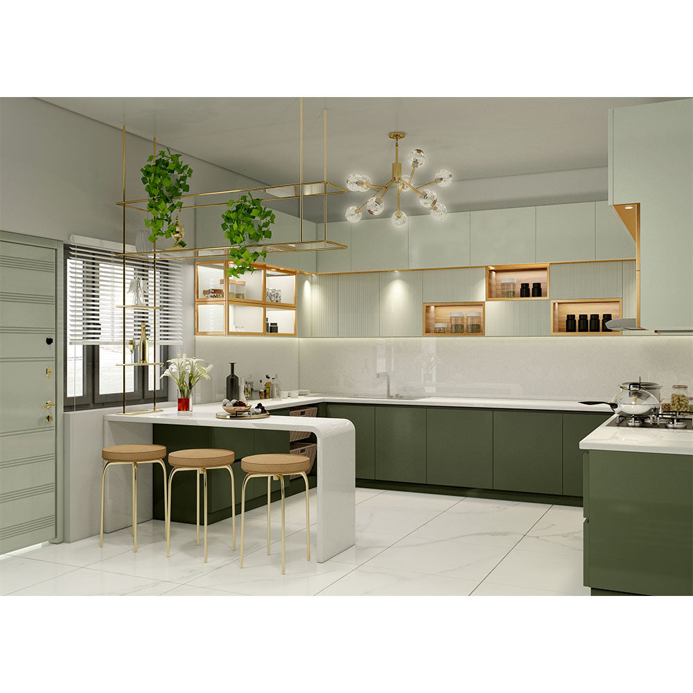 Kitchen, Modular Kitchen, Luxurious Kitchen, U-Shape Kitchen, Hi-Gloss Kitchen, Kitchen in Green & White Color, Kitchen - VT8000