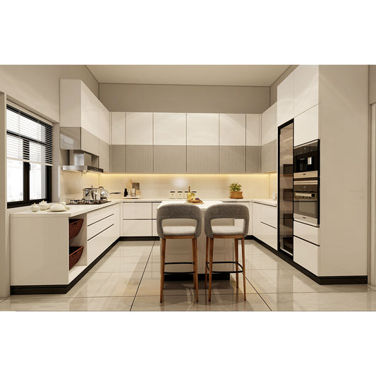 Kitchen, Modular Kitchen, Luxurious Kitchen, U-Shape Kitchen, Hi-Gloss Kitchen, Kitchen in Grey & White Color, Kitchen - VT8003