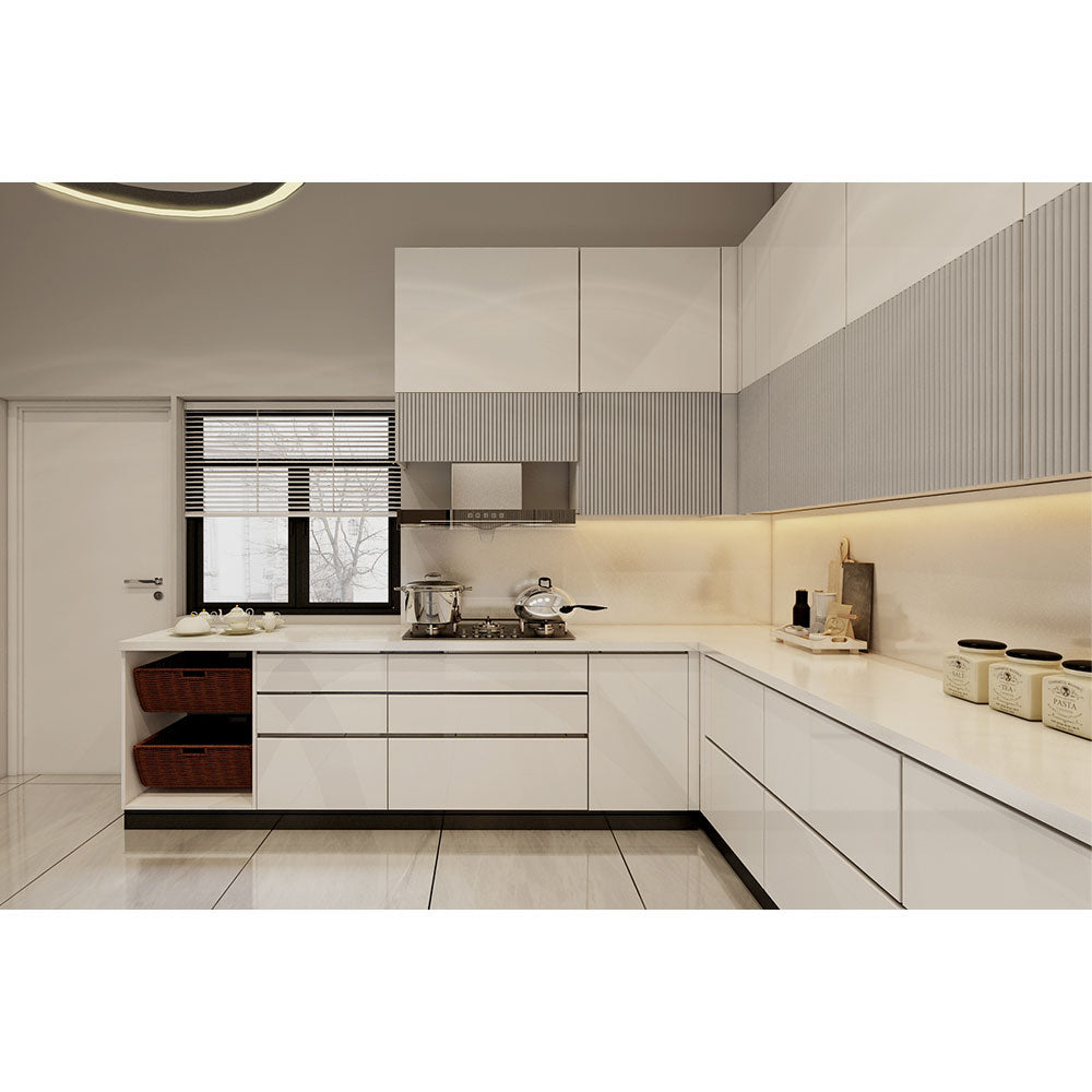 Kitchen, Modular Kitchen, Luxurious Kitchen, U-Shape Kitchen, Hi-Gloss Kitchen, Kitchen in Grey & White Color, Kitchen - VT8003