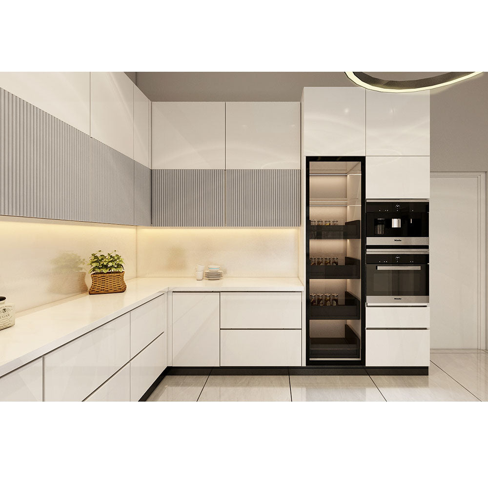 Kitchen, Modular Kitchen, Luxurious Kitchen, U-Shape Kitchen, Hi-Gloss Kitchen, Kitchen in Grey & White Color, Kitchen - VT8003