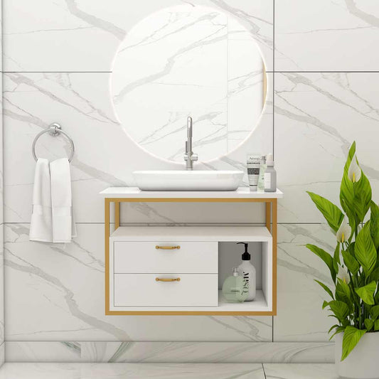 Vanity, White & Gold Color Vanity, Vanity with Drawer, Vanity with White Corian Top, Vanity with Open Space, Vanity for Water Resistance, Wall Mounted Vanity, Vanity - VT9003