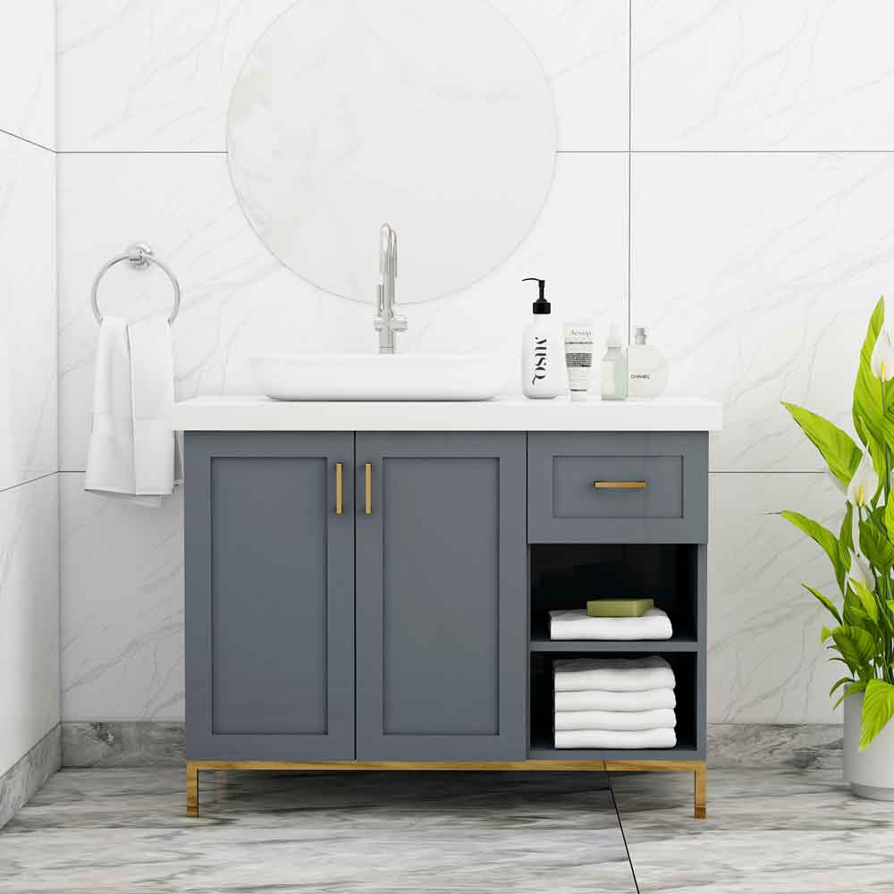 Vanity, Blue Color Vanity, Vanity with Drawer & Shutter, Vanity with Open Shelf, Vanity with White Corian Top, Vanity with MS Leg in Gold Finish, Water Resistance Vanity, Vanity - VT9004