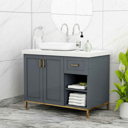 Vanity, Blue Color Vanity, Vanity with Drawer & Shutter, Vanity with Open Shelf, Vanity with White Corian Top, Vanity with MS Leg in Gold Finish, Water Resistance Vanity, Vanity - VT9004