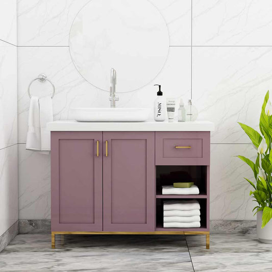 Vanity, Pink Color Vanity, Vanity with Drawer & Shutter, Vanity with Open Shelf, Vanity with White Corian Top, Vanity with MS Leg in Gold Finish, Water Resistance Vanity, Vanity - VT9005