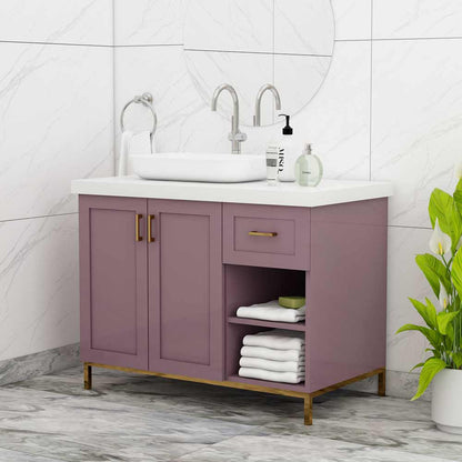 Vanity, Pink Color Vanity, Vanity with Drawer & Shutter, Vanity with Open Shelf, Vanity with White Corian Top, Vanity with MS Leg in Gold Finish, Water Resistance Vanity, Vanity - VT9005