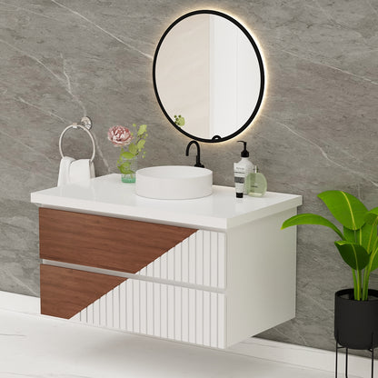 Vanity, White & Wood Color Vanity,  Vanity with Drawer, Vanity in White Corian Top, Wall Mounted Vanity, Vanity - VT9008