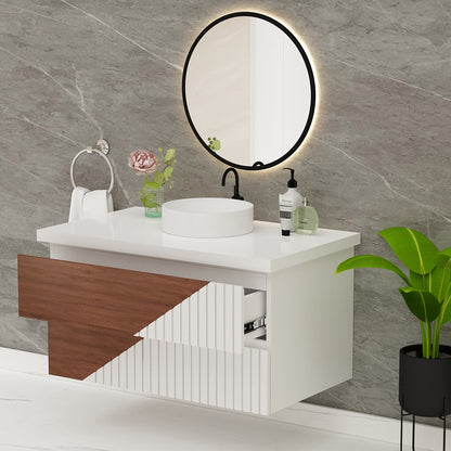 Vanity, White & Wood Color Vanity,  Vanity with Drawer, Vanity in White Corian Top, Wall Mounted Vanity, Vanity - VT9008