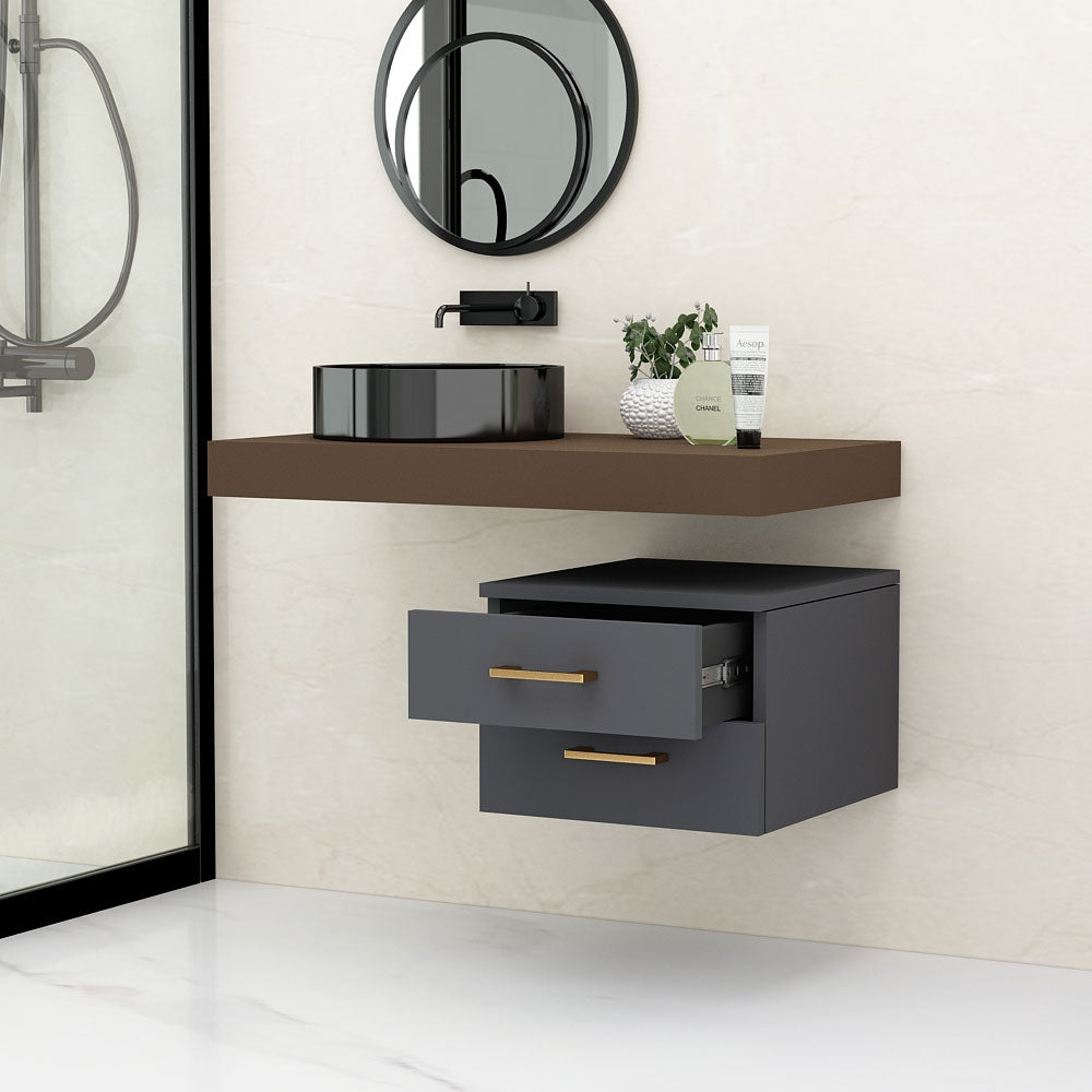 Brown Color Corian Top Wall Mounted Bathroom Vanity with Drawer   - VT9009