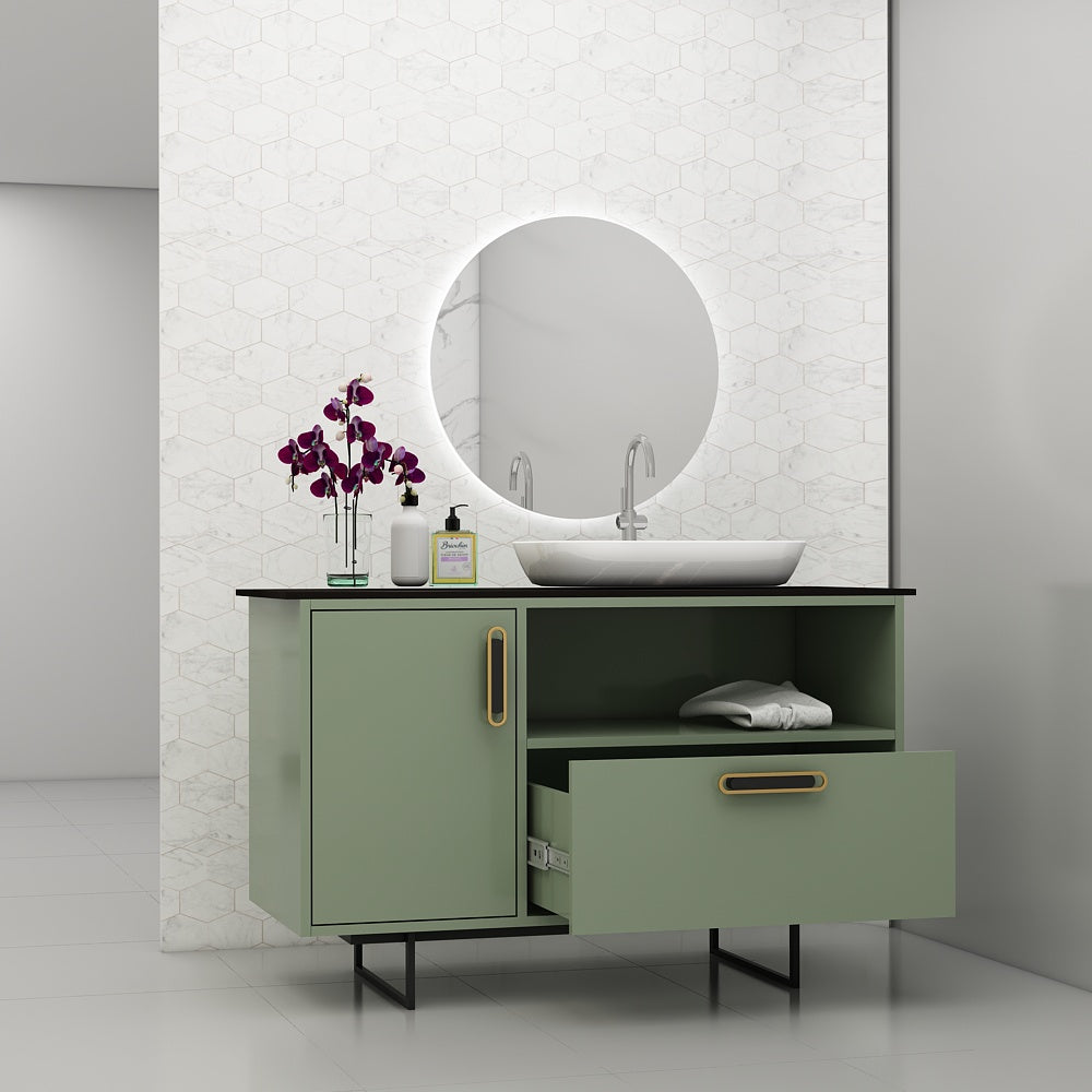 Vanity, Olive Green Color Vanity, Black Corian Top in Vanity, Vanity with Drawer & Shutter, MS Leg with Black Paint Finish, Vanity - VT9011