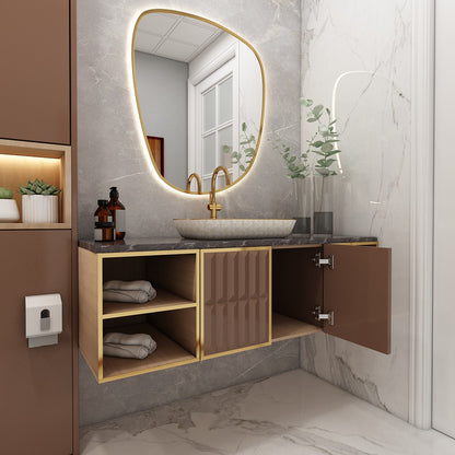 Vanity, Brown Color Vanity, Black Full Body Tile Top in Vanity, Vanity with Shutter & Open Space, Wall Mounted Vanity, Vanity - VT9014