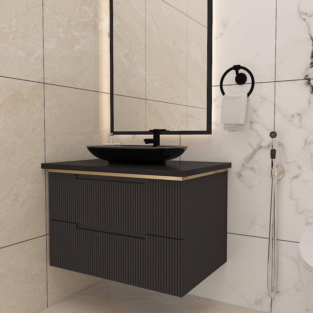 Vanity, Black Color Vanity, Wall Mounted Vanity, Vanity with Drawer, Vanity with Corian Top, Vanity - VT9015