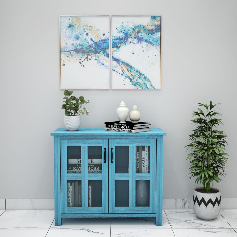 Cabinet, Solid Wood Cabinet, Blue Color Cabinet, Cabinet with Glass Shutter, Cabinet with Shutter, Cabinet- VT - 10040