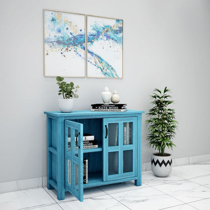 Cabinet, Solid Wood Cabinet, Blue Color Cabinet, Cabinet with Glass Shutter, Cabinet with Shutter, Cabinet- VT - 10040