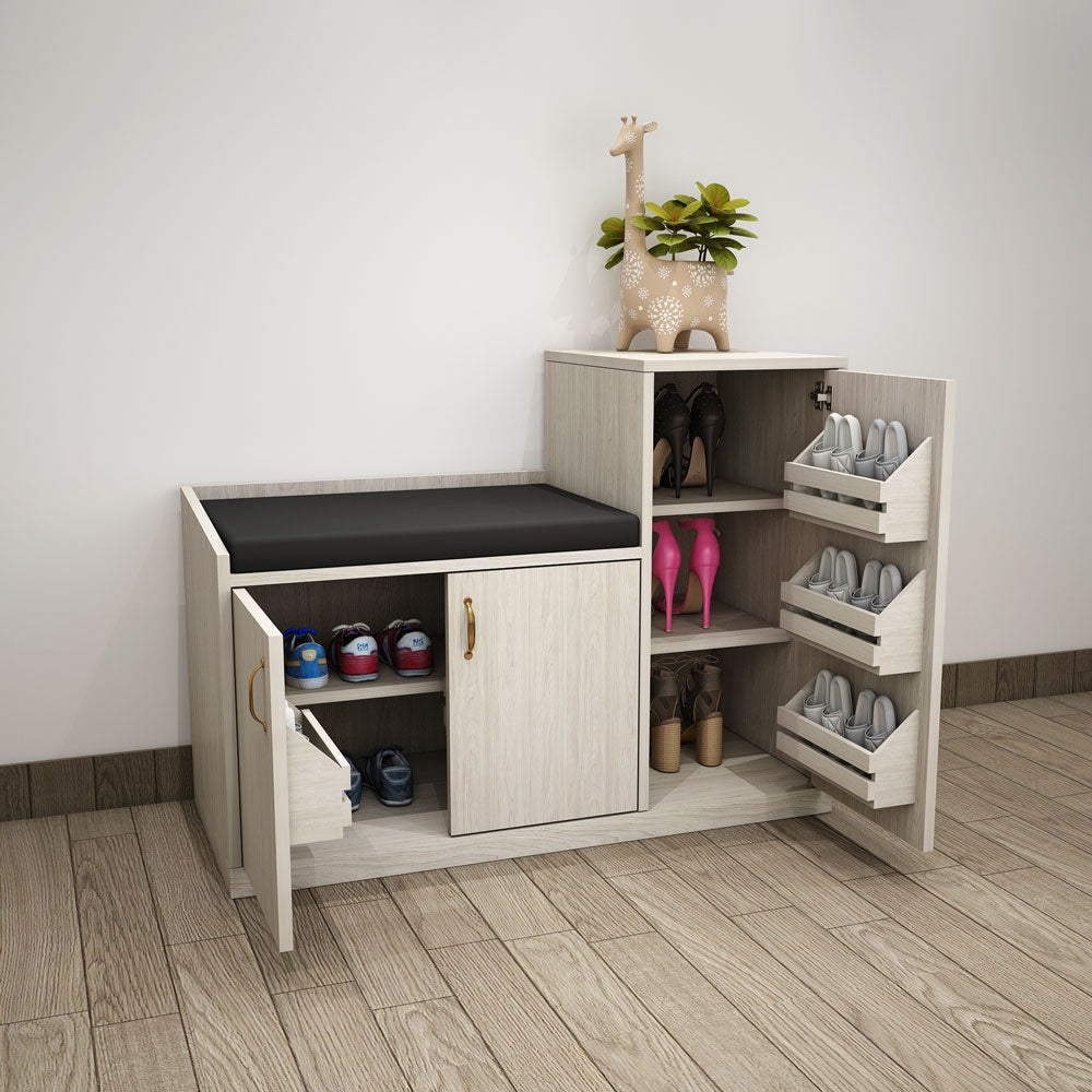 Multipurpose White Shoe Cabinet with Black Cushion & Pull-Out Racks – VT-10050