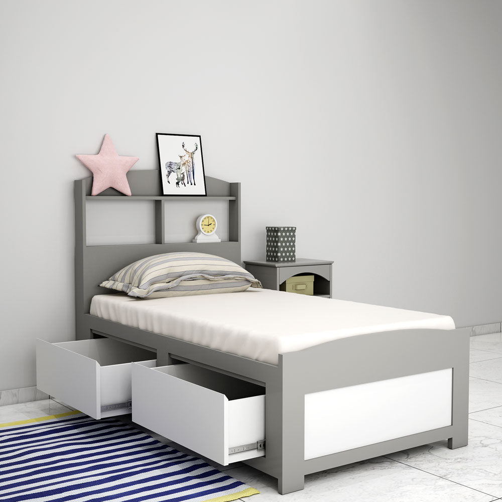 Bed, Single Bed, Grey Color Bed, Bed with storage, Bed With Drawer, Bed With Open Shelf, Bed For Kids, Bed- VT - 5053