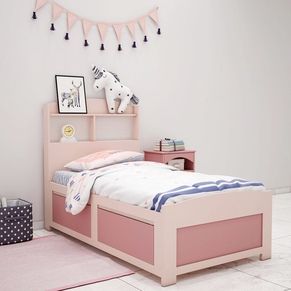 Bed, Single Bed, Pink Color Bed, Bed with storage, Bed With Drawer,  Bed With Open Shelf, Bed For Kids, Bed- VT - 5054