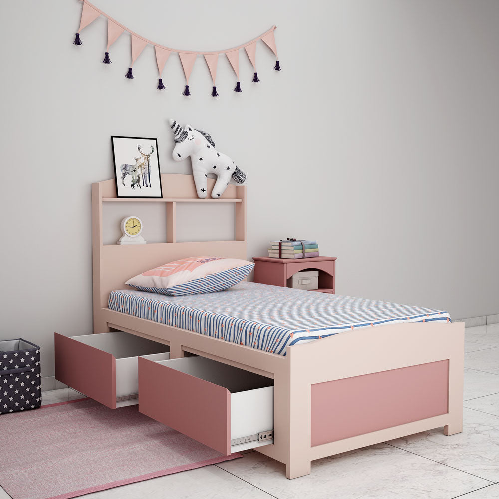 Bed, Single Bed, Pink Color Bed, Bed with storage, Bed With Drawer,  Bed With Open Shelf, Bed For Kids, Bed- VT - 5054