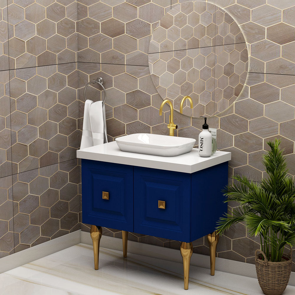 Water Resistant  PVC Laminate Finish Floor Mounted Bathroom Vanity with Blue Corian Top - VT9006