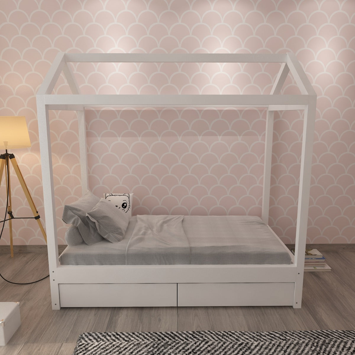 Tent bed, tent bed with wood frame in white colour ,wooden bars on sides, storage drawers on front, Bed-IM- 3016