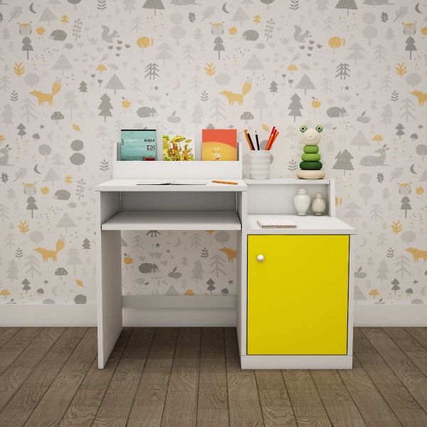  Kids Study Table, White & Yellow Color Study Table, Study Table with Open Shelf, Study Table with Shutter, Study Table - IM - 12050