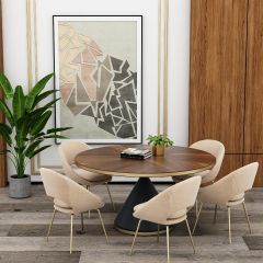 Dining set with 5 chairs, round dining table in veneer,Dining chairs in off white suede fabric,Dining Set-EL692