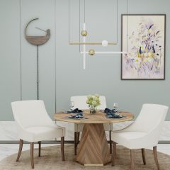 Dining set with 5 chairs, round dining table in veneer,Dining chairs in off white suede fabric,Dining Set-EL691