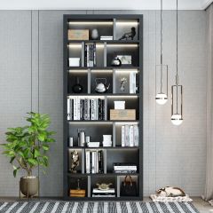 Book storage with shelves, Outer finish in grey PU matte paint and inner shelves are in paint and laminate finish,Shelves are lit with led strip light-EL2001