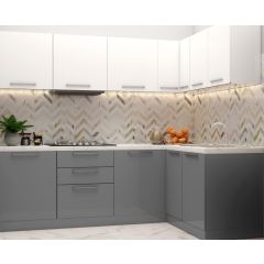 Kitchen, modular kitchen, acrylic finish modular kitchen, Luxurious kitchen, L shape kitchen, hi gloss finish kitchen, grey and white kitchen, Kitchen-IM- 8002