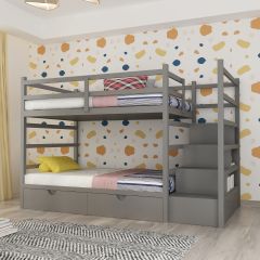 Bunk bed, bunk bed with steps in grey ,wooden bars on sides, storage drawers and open shelves, Bed-IM- 3014