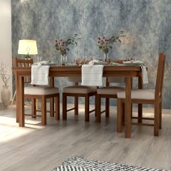 Dining set with 6 chairs, Rectangular dining table in solid wood with polish,Dining chairs in beige suede fabric,Dining Set-VI751