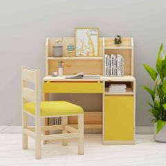 Kids Study Table, Natural Wood & Yellow Color Study Table, Study Table with Drawer & Shutter, Study Table with Chair, Study Table - EL12139