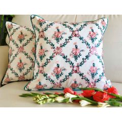 Cushion Covers(TSHEPT02M), Paradise- Embroidered Cotton Silk Cushion Cover- Teal Blue & Off- White- Set of 2, Cushion Covers - EL15296