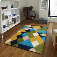 Rugs, (Presto) ICHT1078C2X5, Green, Yellow & Blue Geometric Hand Tufted Wool Carpet Rugs - EL15901