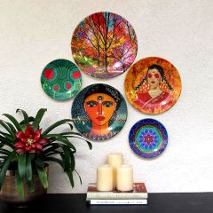 HMD Collections Traditional Art Ceramic Designer Plate with Stand for Home/Office Wall Plates Combo (10 Inch (1qty), 8 Inch (2qty) & 6 Inch (2qty), Pack of 5, Wall Art - eL2100