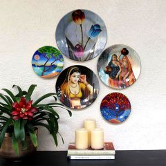 HMD Collections Traditional Art Ceramic Designer Plate with Stand for Home/Office Wall Plates Combo (10 Inch (1qty), 8 Inch (2qty) & 6 Inch (2qty), Pack of 5, Wall Art - eL2107