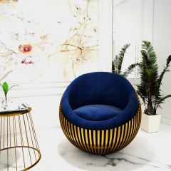 Chair, Round Shape Chair, Dark Blue Color in Chair Fabric,Chair for Living Area & Bedroom, SS Gold in Chair, Chair- EL - 582